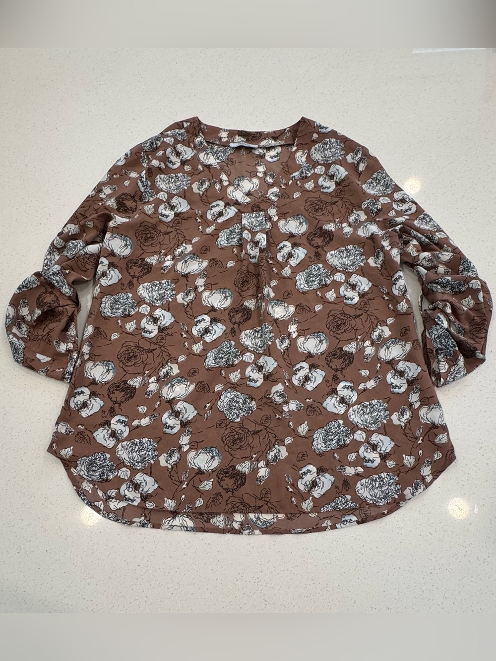 Youtalia Womens XL Floral V-Neck Roll Tab Long Sleeve Blouse Brown White Tunic